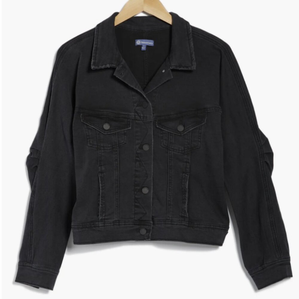 Democracy Pleated Sleeve Crop Denim Jacket | Washed Black (Size M) Grunge